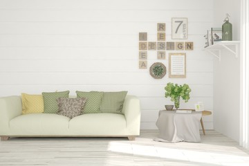 Stylish room in white color with sofa. Scandinavian interior design. 3D illustration