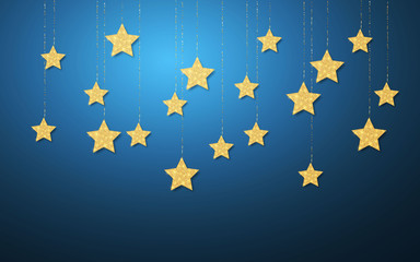 Gold handing shiny glitter glowing star isolated on blue night background. Vector illustration