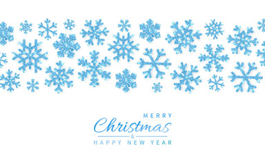 Shining glitter glowing blue snowflakes on white background. Christmas and New Year background. Vector illustration