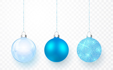 Blue shiny glitter glowing and transparent Christmas balls. Xmas glass ball on transparent background. Holiday decoration template. Vector illustration