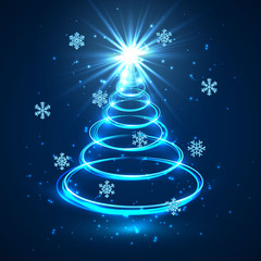 Blue light Christmas tree. Greeting card or invitation. Vector illustration