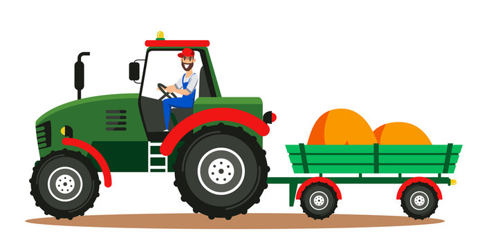 Farmer driving tractor in field illustration