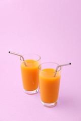Two Orange Juice Glass with Metallic Steel Tubes