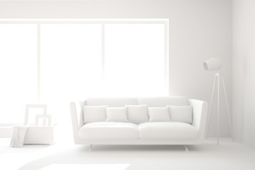 Mock up of stylish room in white color with sofa. Scandinavian interior design. 3D illustration