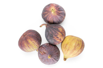 Group of five whole fresh fig fruit flatlay isolated on white background
