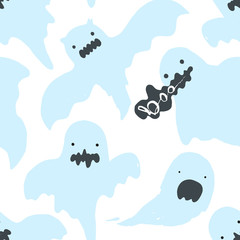 Light seamless pattern with cute blue ghosts and boo on white background. Nice kids halloween texture for textile, wrapping paper, cover, background, wallpaper, surface, web design