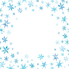 Vector winter background with hand drawn watercolor snow and snowflakes on white.