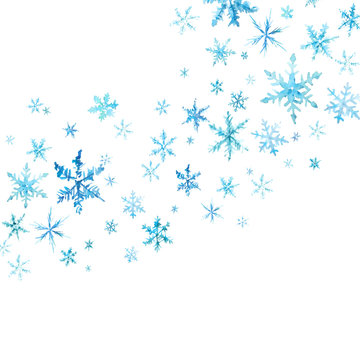 Vector winter background with hand drawn watercolor snow and snowflakes on white.