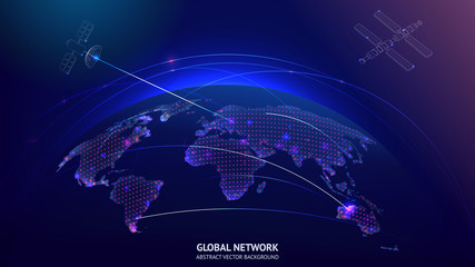 Global networking communication concept with satellites in space above planet earth with map and network connections streaming data in shades of blue, vector illustration