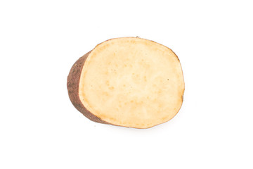 One slice of fresh brown sweet potato flatlay isolated on white background
