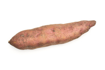 One whole fresh brown sweet potato flatlay isolated on white background