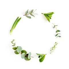 Round wreath frame made of mix of herbs, green branches, leaves mint, aloe Vera, eucalyptus, thyme and plants collection on white background. Set of medicinal herbs. Flat lay. Top view.