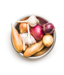 The golden shallot onion. Fresh bulbs.