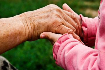 Old hands of a grandmother and a small child