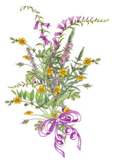 Bouquet of wild flowers with bow.