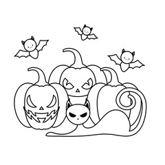 halloween pumpkins with cat and bats flying