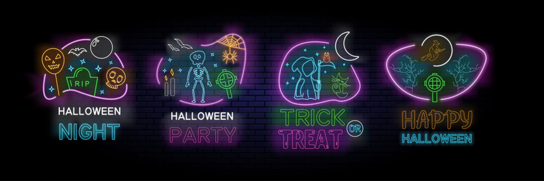 Set of four colorful Halloween designs for Halloween Night, Halloween Party, Happy Halloween and Trick and Treat depicting ghosts, the Grim Reaper, and a witch over black, vector illustrations