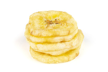 Group of five slices of sweet yellow dry banana isolated on white background