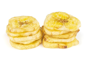 Group of ten slices of sweet yellow dry banana isolated on white background