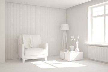 Mock up of stylish room in white color with armchair. Scandinavian interior design. 3D illustration