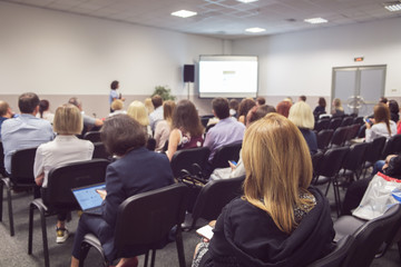Business woman and people Listening on The Conference. Horizontal Image