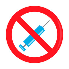  Prohibition sign, restriction, syringe crossed out in a red circle. Ban injection.