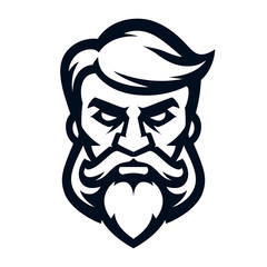 Logo stylish hairdresser, icon of a bearded and mustachioed man. Barbershop. Vector illustration, isolated on white background. Simple shape for design emblem, symbol, sign, badge, label, stamp.