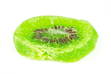 One slice of sweet green candied kiwifruit isolated on white background