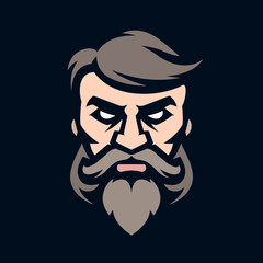 Logo stylish hairdresser, icon of a bearded and mustachioed man. Barbershop. Vector illustration. Simple shape for design emblem, symbol, sign, badge, label, stamp.