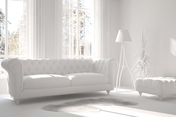 Mock up of stylish room in white color with sofa. Scandinavian interior design. 3D illustration