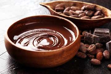 Melting chocolate, melted chocolate and chocolate swirl with stack and chips on table