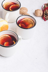 Hot drinks mulled wine, fresh orange fruits