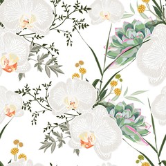 Fototapety  Zwrotnik lato malarstwo wzór z soczyste, zioła, paproć i białe kwiaty orchidei. Modny bukiet egzotyczny kwiat tapety na białym tle.