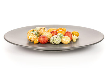 Lot of whole rice japan assortment on gray ceramic plate isolated on white background