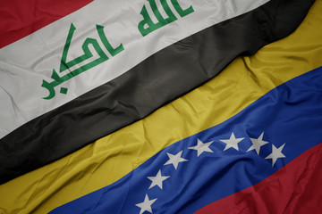 waving colorful flag of venezuela and national flag of iraq.