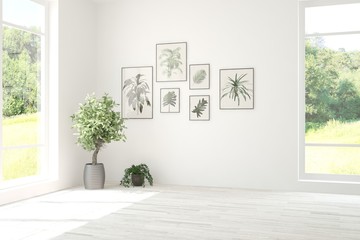 Stylish empty room in white color with summer landscape in window. Scandinavian interior design. 3D illustration