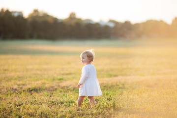 Little curly, blue-eyed girl in a white dress walks in the field. Portrait of a little girl in the sun. Sunset.