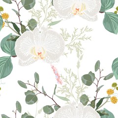 Tropic summer painting seamless pattern with eucaliptus and white orchid flowers. Trendy bunch exotic flower wallpaper on white background.