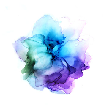 Delicate hand drawn watercolor flower in blue and violet tones. Alcohol ink art. Raster illustration.