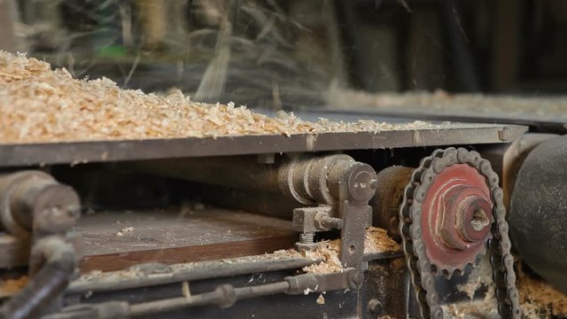 The woodworking jointer processes a board. Wood processing workshop. Sawmill. The video contains sound.
