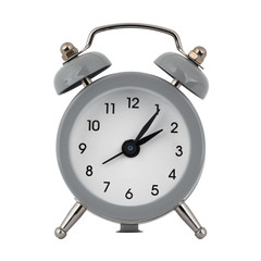 A gray clock with an alarm clock on a white background with arrows showing the time two hours five minutes or fourteen hours five minutes