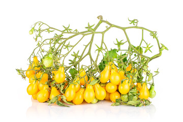 Lot of whole fresh yellow pear tomato in cluster isolated on white background