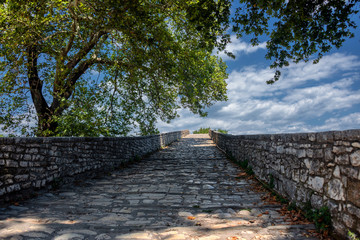 The historic stone bridge of Arta at the banks of Arachthos river in Epirus Greece on a summer day (west view)