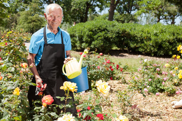 Man with bucket at flower bed