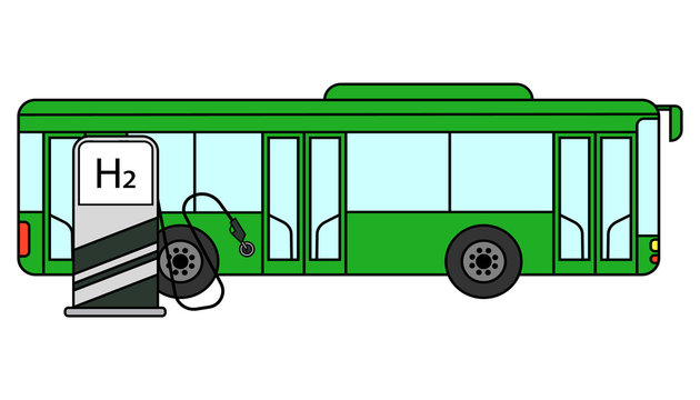 Hydrogen fuel city bus with h2 station. Modern public transportation concept.