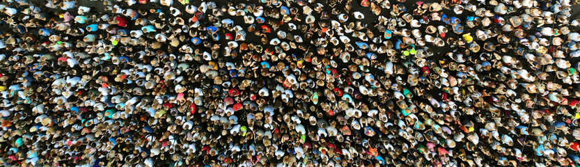 Aerial. Banner with people crowd. Top view.