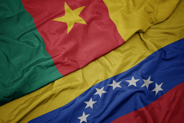 waving colorful flag of venezuela and national flag of cameroon.