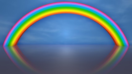 Rainbow arc reflected in shiny smooth floor . 3d rendering virtual set background