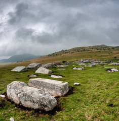 Fototapeta na wymiar Stecci in Durmitor National Park in northeastern Montenegro. These mysterious carved tomb stone monuments date from the twelveth to sixteenth centuries.