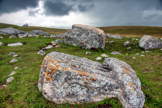 Stecci in Durmitor National Park in northeastern Montenegro. These mysterious carved tomb stone monuments date from the twelveth to sixteenth centuries.